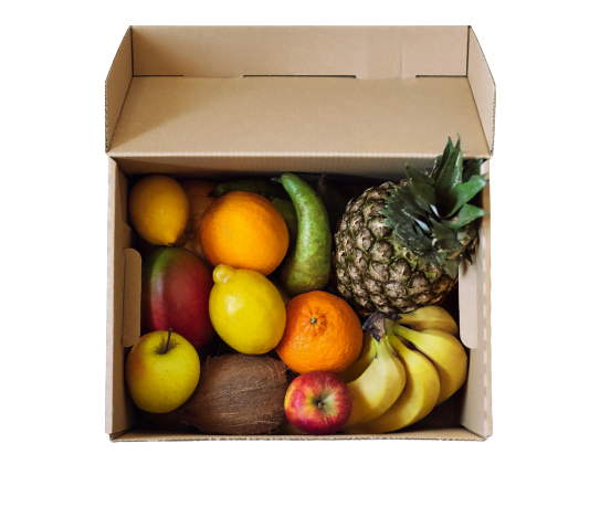 Caixa de cartró amb fruites i verdures